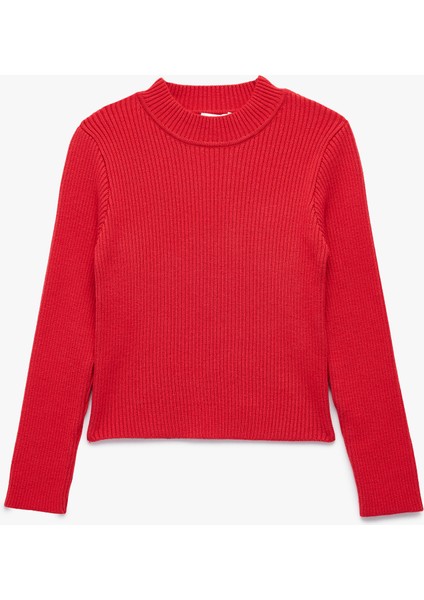 Slim Fit Viskon Karışımlı Dokulu Dik Yaka Uzun Kollu Triko Kazak