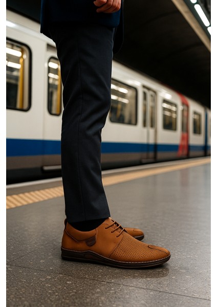 GR0367 Hakiki Nubuk Deri Hafif Poli Taban Dikişli Aksesuarlı Delikli Günlük Espadril Tarz Erkek Ayakkabı