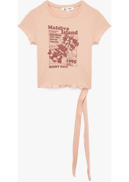 Kuşak Detaylı Kısa Kollu Bisiklet Yaka Pamuklu Baskılı Tişört