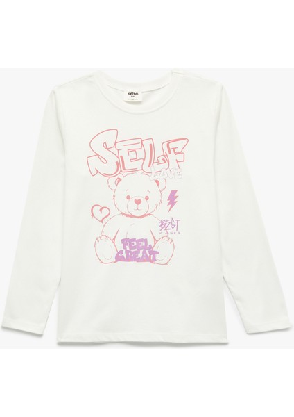 Uzun Kollu Bisiklet Yaka Ayıcık Baskılı Pamuklu Tişört