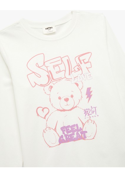 Uzun Kollu Bisiklet Yaka Ayıcık Baskılı Pamuklu Tişört modelleri