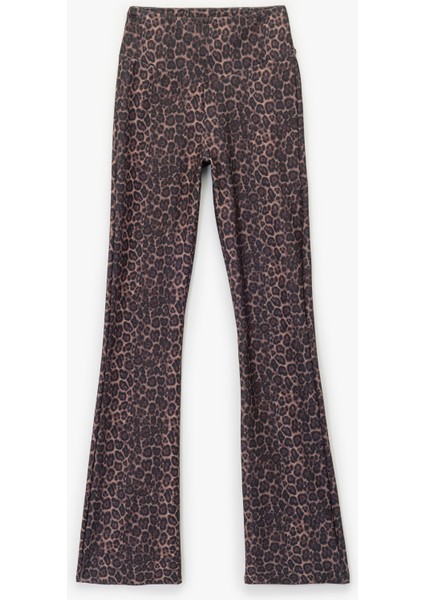 Leopar Desenli Interlok Yüksek Bel Ispanyol Paça Spor Tayt