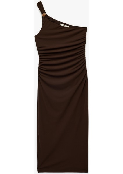 Aksesuar Detaylı Drapeli Tek Omuz Midi Kalem Elbise modelleri