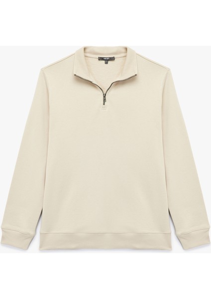 Uzun Kollu Şardonlu Basic Yarım Fermuarlı Sweatshirt