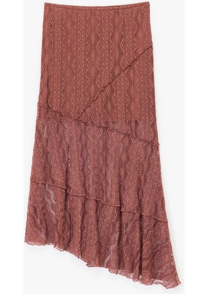 Yarı Transparan Asimetrik Kesim Midi Dantel Etek