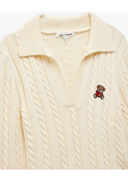 Polo Yaka Nakışlı Saç Örgü Dokulu Triko Kazak modelleri