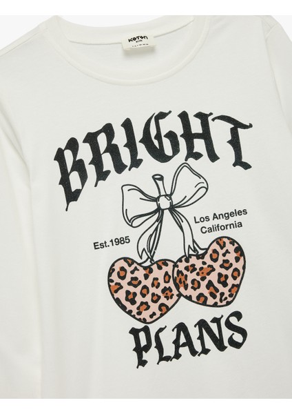 Pamuklu Bisiklet Yaka Simli Baskılı Uzun Kollu Tişört modelleri