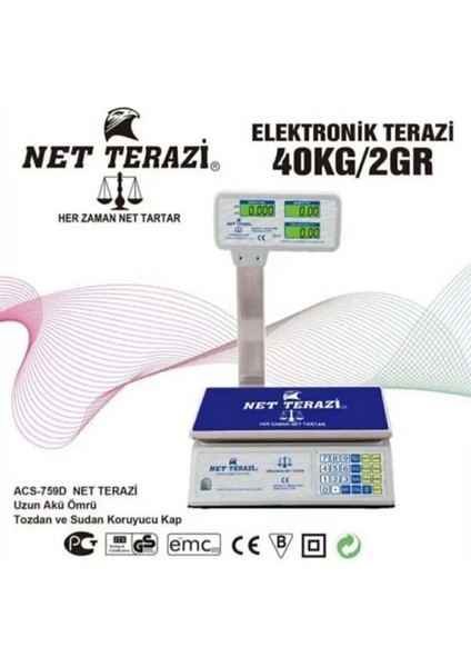Net Terazi Kollu Dijital Çift Ekranlı Bakkal Manav Pazar Terazisi Akülü Max 40 kg 2 gr Hassasiyet