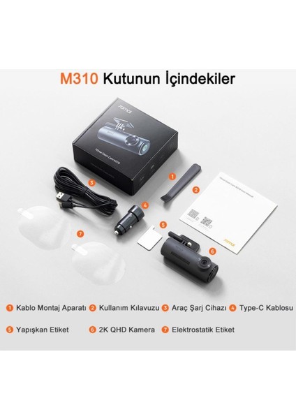 M310 Araç İçi Kamera 1296P 130° Geniş Açı Döngü Kaydı 24 Saat Otopark Modu Gece Görüş