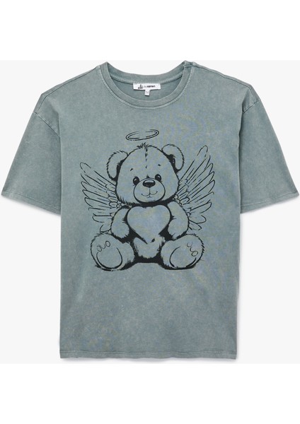 Kısa Kollu Yıkamalı Bisiklet Yaka Pamuklu Ayıcık Baskılı Oversize Tişört