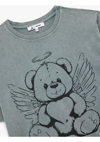 Kısa Kollu Yıkamalı Bisiklet Yaka Pamuklu Ayıcık Baskılı Oversize Tişört modelleri