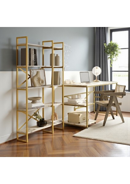 Gold Çalışma Masası ve Gold Kitaplık Metal Ayaklı 2'li Set modelleri