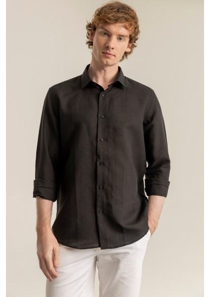 Erkek Siyah %100 Keten Modern Fit Cepsiz Gömlek