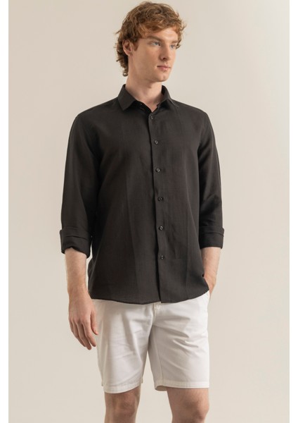 Erkek Siyah %100 Keten Modern Fit Cepsiz Gömlek fiyatları