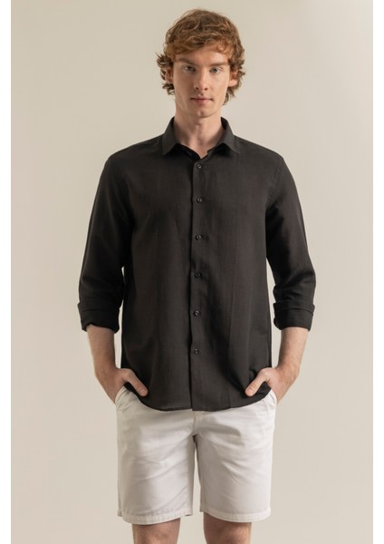 Erkek Siyah %100 Keten Modern Fit Cepsiz Gömlek modelleri