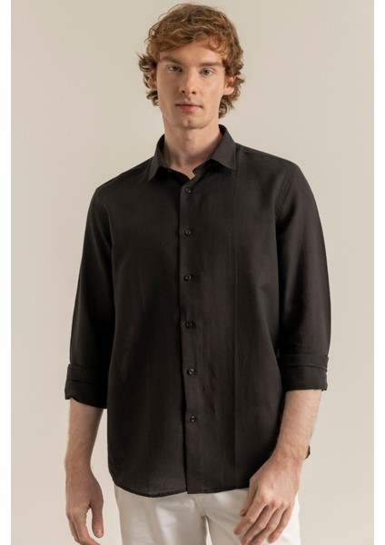 Erkek Siyah %100 Keten Modern Fit Cepsiz Gömlek fırsatları