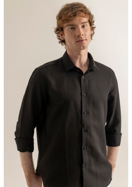 Erkek Siyah %100 Keten Modern Fit Cepsiz Gömlek indirimleri