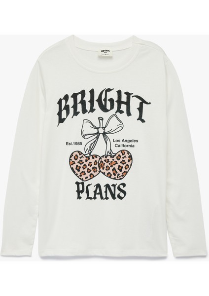 Pamuklu Bisiklet Yaka Simli Baskılı Uzun Kollu Tişört