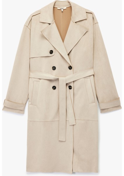 Uzun Kollu Cepli Kemerli Kruvaze Suni Süet Trençkot