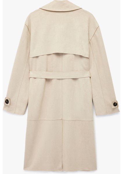 Uzun Kollu Cepli Kemerli Kruvaze Suni Süet Trençkot fiyatları