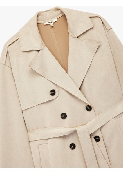 Uzun Kollu Cepli Kemerli Kruvaze Suni Süet Trençkot modelleri