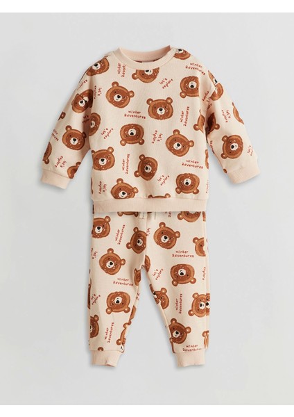 Lcw Baby Ekru Bisiklet Uzun Kollu Baskılı Erkek Bebek Sweatshirt ve Eşofman Alt 2'li Takım