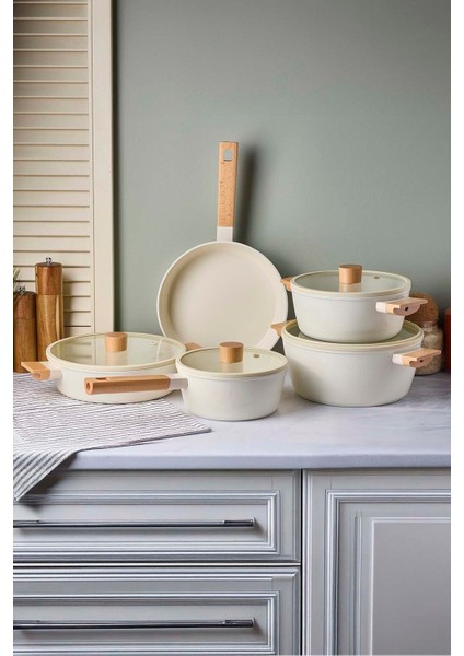 Cookwood Beige 9 Parça Tencere Tava Seti Indüksiyon Tabanlı Ahşap Saplı