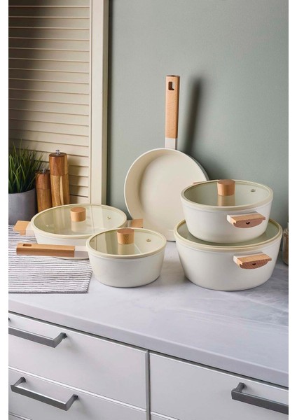 Cookwood Beige 9 Parça Tencere Tava Seti Indüksiyon Tabanlı Ahşap Saplı modelleri