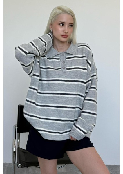 Gri Polo Yaka Çizgili Kadın Triko Kazak MG2469 fiyatları
