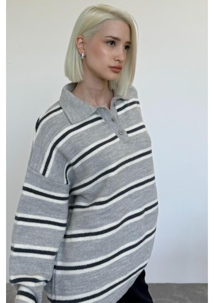 Gri Polo Yaka Çizgili Kadın Triko Kazak MG2469 modelleri
