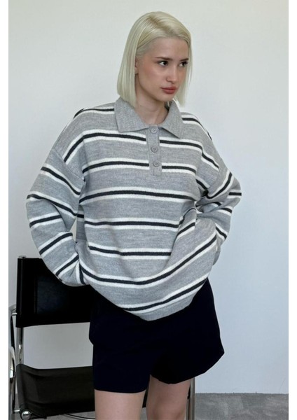 Gri Polo Yaka Çizgili Kadın Triko Kazak MG2469 fırsatları