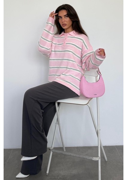 Pembe Polo Yaka Çizgili Kadın Triko Kazak MG2469