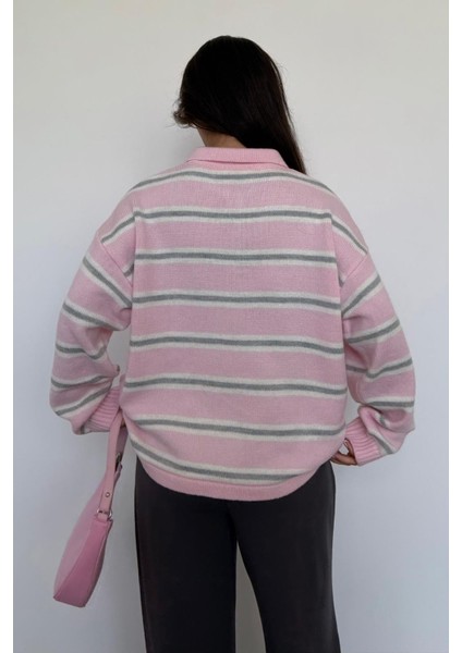 Pembe Polo Yaka Çizgili Kadın Triko Kazak MG2469 modelleri