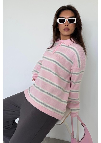Pembe Polo Yaka Çizgili Kadın Triko Kazak MG2469 indirimleri
