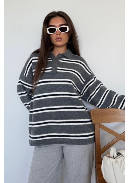 Antrasit Polo Yaka Çizgili Kadın Triko Kazak MG2469