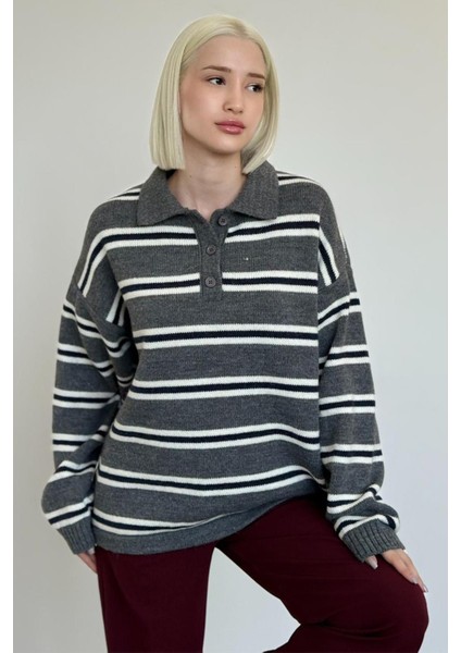 Antrasit Polo Yaka Çizgili Kadın Triko Kazak MG2469 fiyatları