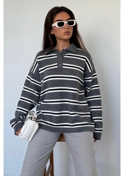 Antrasit Polo Yaka Çizgili Kadın Triko Kazak MG2469 modelleri