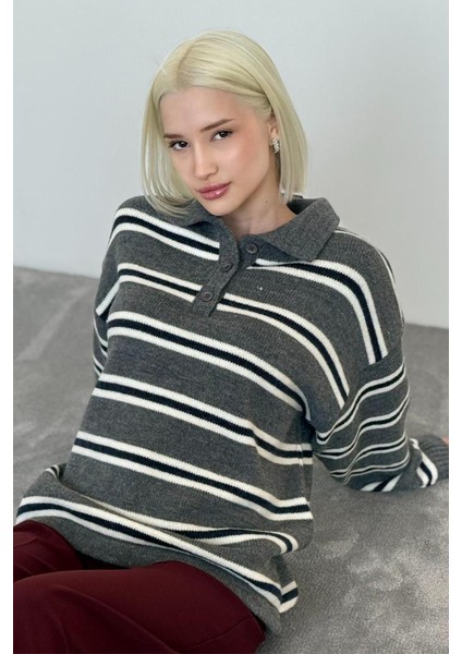 Antrasit Polo Yaka Çizgili Kadın Triko Kazak MG2469 fırsatları