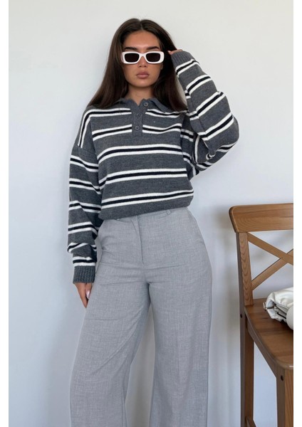 Antrasit Polo Yaka Çizgili Kadın Triko Kazak MG2469 indirimleri
