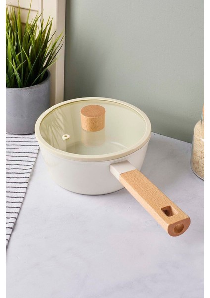 Cookwood Beige Indüksiyon Tabanlı Ahşap Saplı Kapaklı Seramik Tencere 18 cm