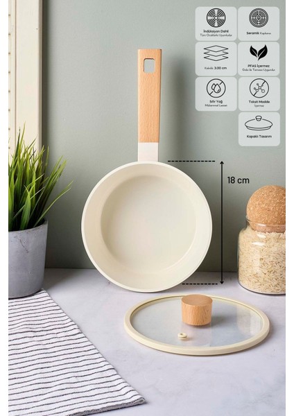 Cookwood Beige Indüksiyon Tabanlı Ahşap Saplı Kapaklı Seramik Tencere 18 cm fiyatları