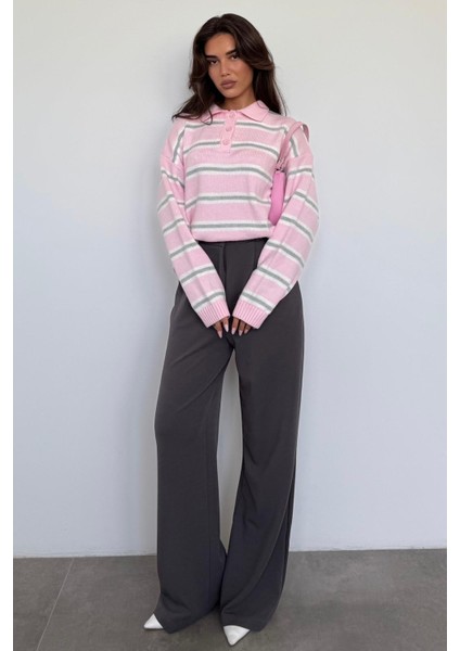 Pembe Polo Yaka Çizgili Kadın Triko Kazak MG2469 fiyatları