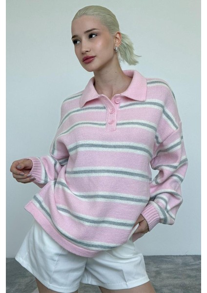 Pembe Polo Yaka Çizgili Kadın Triko Kazak MG2469 fırsatları