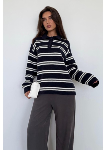 Lacivert Polo Yaka Çizgili Kadın Triko Kazak MG2469 fırsatları