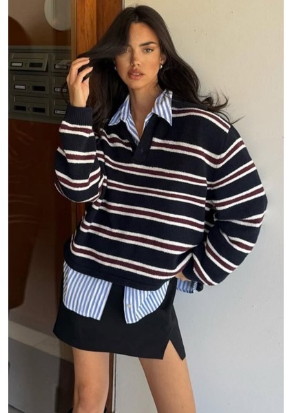 Siyah Polo Yaka Çizgili Kadın Triko Kazak MG2469