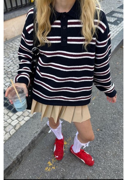 Siyah Polo Yaka Çizgili Kadın Triko Kazak MG2469 fiyatları