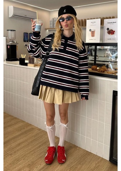 Siyah Polo Yaka Çizgili Kadın Triko Kazak MG2469 modelleri