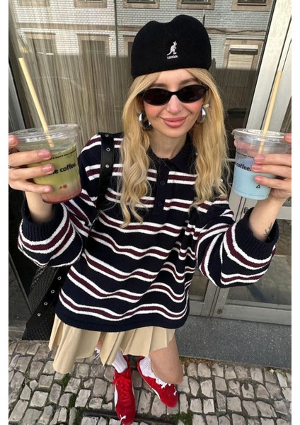 Siyah Polo Yaka Çizgili Kadın Triko Kazak MG2469 fırsatları