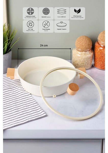 Cookwood Beige Indüksiyon Tabanlı Ahşap Kulplu Kapaklı Seramik Basık Tencere 24 cm fiyatları