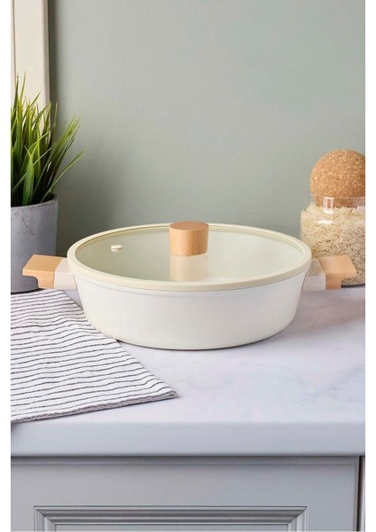 Cookwood Beige Indüksiyon Tabanlı Ahşap Kulplu Kapaklı Seramik Basık Tencere 24 cm modelleri